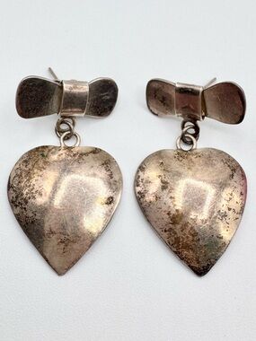 Vintage 925 Sterling Silver Bow and Heart Earrings Mexico Patina Heavy 18 Grams
